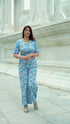 Blue Hand Block Print Tie Crop Top with Straight Pant Set